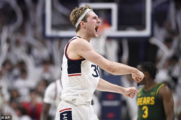 McNeeley celebrates a shot in the second half against Baylor in Storrs, Connecticut