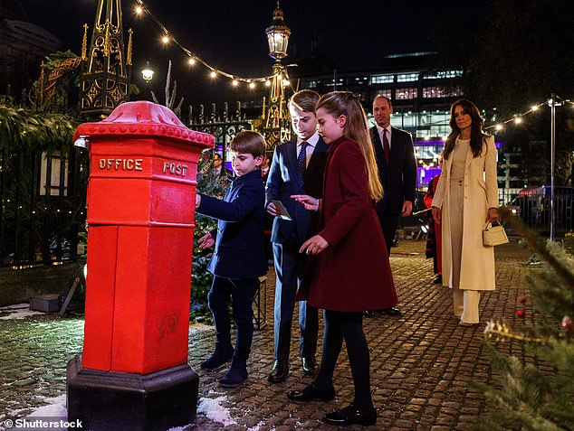 The siblings posted letters to Santa in a small red mailbox before the service as their parents watched