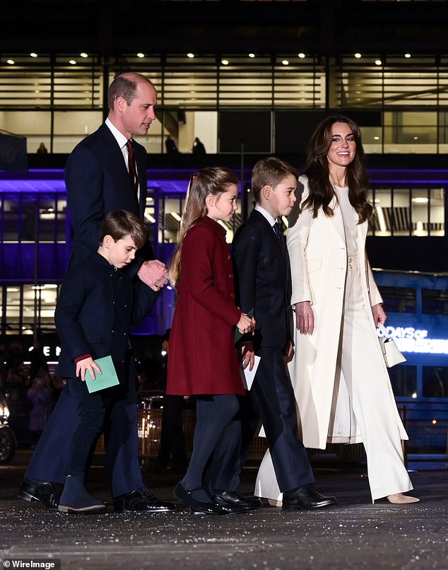 William, Kate, George, Charlotte and Louis arrived at the carol service last year