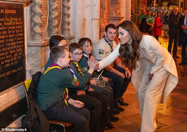 The Princess of Wales greeted a scout group that was part of the congregation