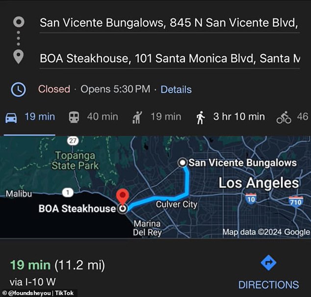 The video Breckie reposted included a screenshot of a map showing the route from San Vincente Bungalows to BOA Steakhouse in Santa Monica, which he had visited that night.