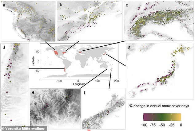 This map from a previous study shows how each ski area will be affected by climate change by 2100. Purple squares show areas that will not receive days of snow cover, while yellow dots show regions that will not be affected.