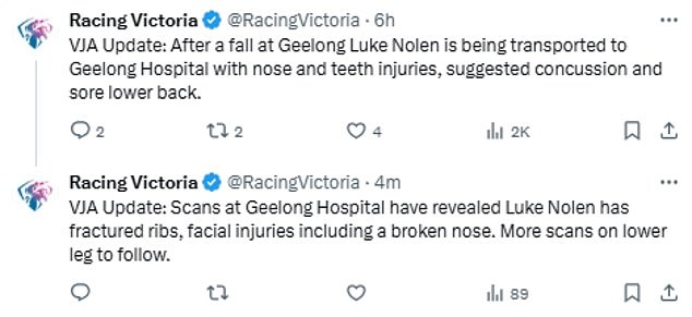 Racing Victoria later confirmed that he had fractured his ribs and nose, and that further scans on his leg would follow.