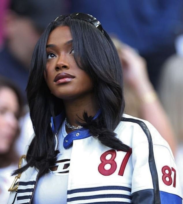 While many of England's other WAGS donned a football shirt to watch their team-mates play in the opening match in Germany, Saka's long-term girlfriend opted for a stylish leather biker jacket, bearing the number 87 , Saka's former Arsenal shirt number, on the back and front