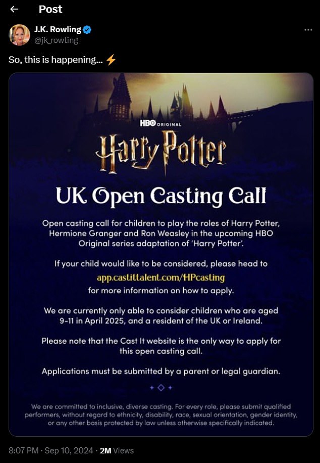 An open casting call for the TV series has been published with full details, explaining that bosses are looking for children who will be between nine and 11 years old in April 2025 and who are residents of the UK or Ireland.