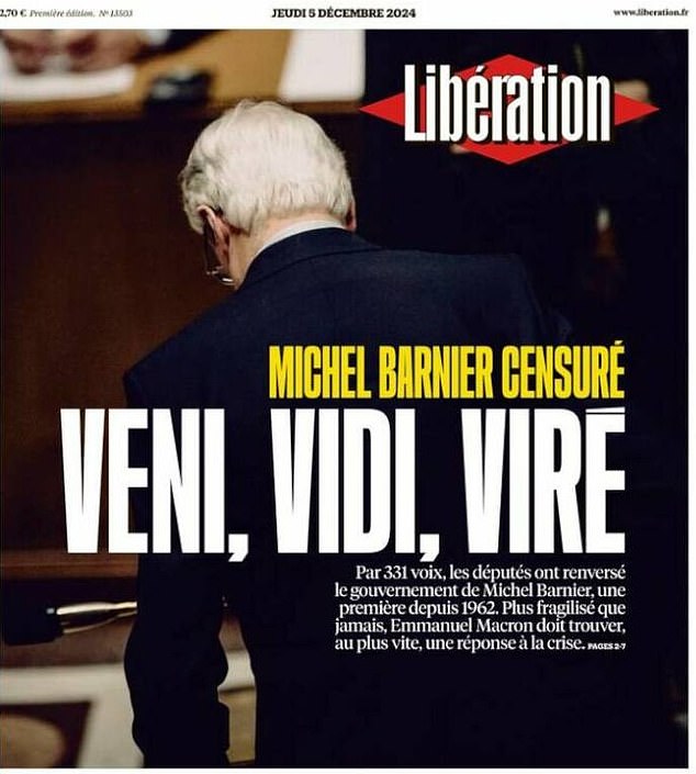 The French media broke down the government's collapse on their front pages this morning. The headline says: 