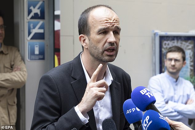 Manuel Bompard speaks to journalists at the LFI Party headquarters in Paris, France