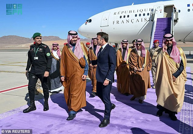 French President Emmanuel Macron arrives in Al Ula, Saudi Arabia, on December 4, 2024