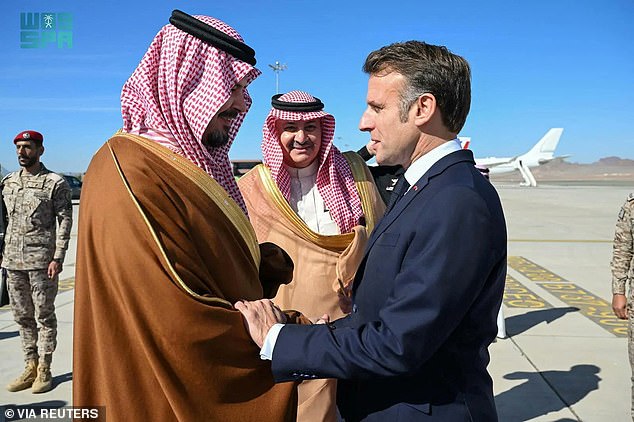 French President Emmanuel Macron arrives in Al Ula, Saudi Arabia, on December 4, 2024