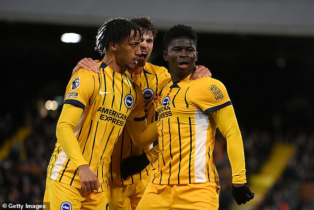 Carlos Baleba (right) had drawn Brighton level, but failed to score in the second half.