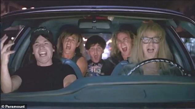 Wayne, Garth and their friends enjoy Queen's Bohemian Rhapsody in the iconic scene from the 1992 film.