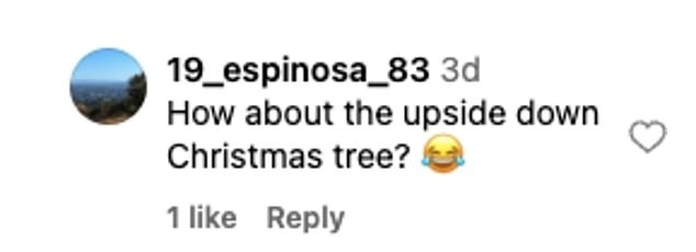 Someone else then questioned one of Kourtney's trees, which appeared to be hanging from the ceiling: 'How about the upside down Christmas tree?'