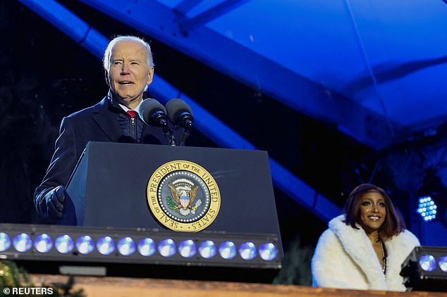 Biden spoke briefly to the crowd decked out in heavy winter layers as frigid winds and frigid temperatures hit the nation's capital