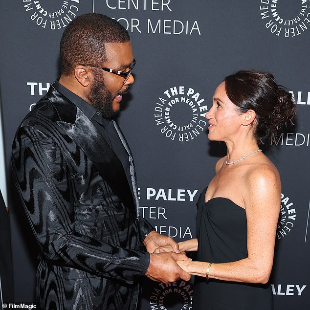 Tyler Perry and Meghan Markle chatting yesterday at the Beverly Wilshire Hotel in Beverly Hills