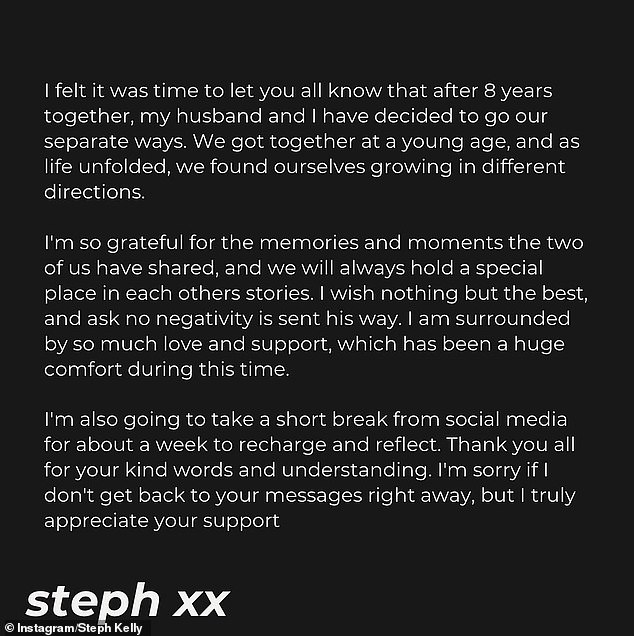 Stephanie Kelly posted an announcement about the end of her marriage on social media Tuesday.