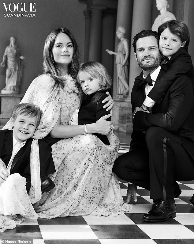 The mother-of-three is seen with her husband, Prince Carl Philip of Sweden, and their three sons, Prince Alexander, eight, Prince Gabriel, seven, and Prince Julian, three.