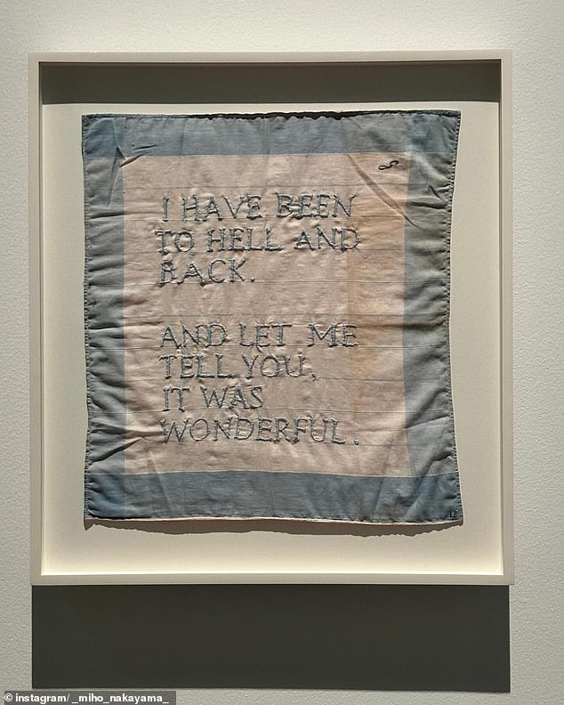 The publication shows a work by Louise Bourgeois: a piece of fabric embroidered with the words 