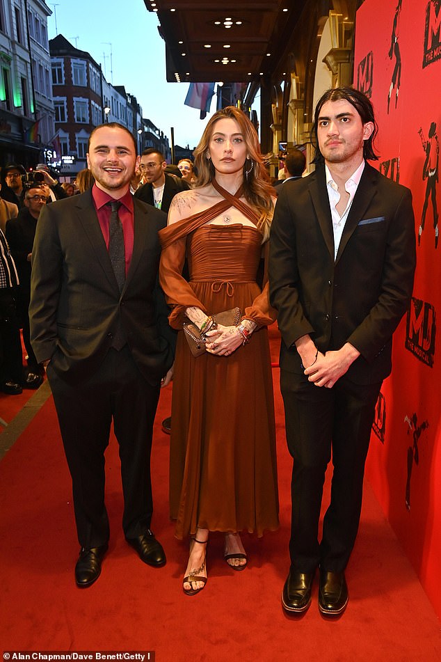 Paris pictured with her brothers Prince, 27, and Bigi, 22, in March at the press night screening of MJ: The Musical at London's Prince Edward Theatre.