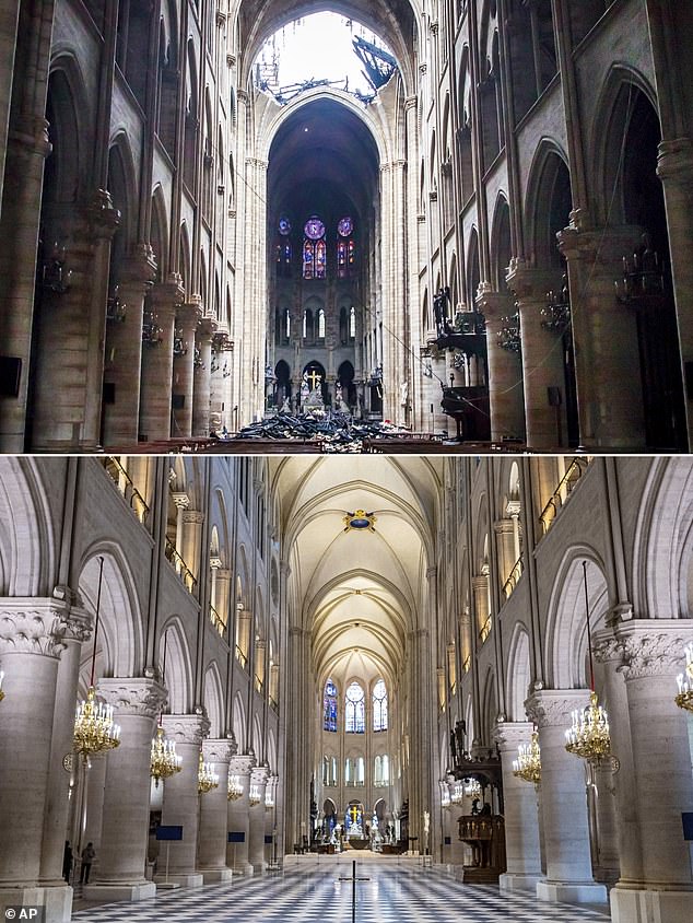 Pictured is a before and after image showing from how severe the damage to the inside of the cathedral was after the fire, to what it looks like now after the restoration