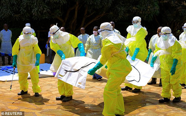 The above shows Congolese and World Health Organization officials during an Ebola virus training exercise conducted in August 2018 in North Kivu Province, DRC.