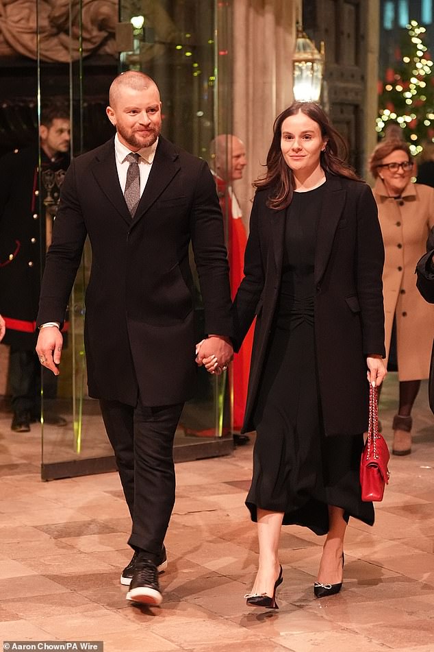 Olympian Adan Peaty held hands with his fiancée Holly Ramsay as they entered the Abbey.