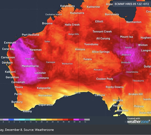 Western Australia will continue to be hit by extreme heatwave conditions for at least five days, with temperatures soaring to 40 degrees (pictured, a map of the weather zone)