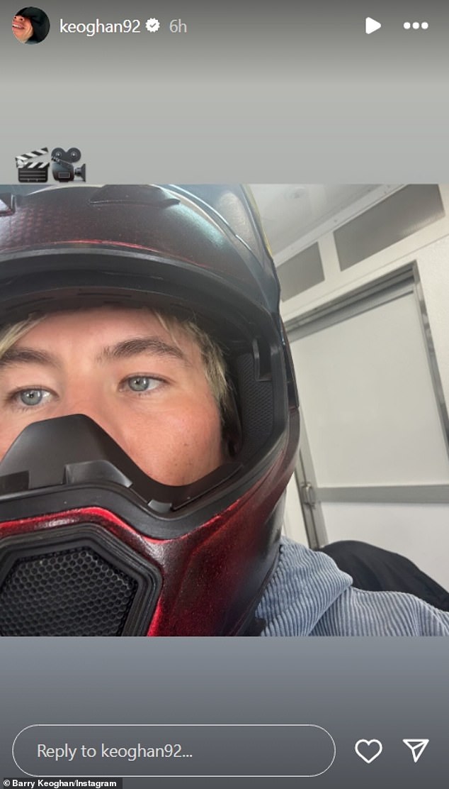 He took the photos while on the set of his upcoming movie, Crime 101, as suggested by the emojis he shared in the post. The Saltburn star also shared another photo of him wearing a full-face motorcycle helmet with the face shield raised and his icy blue eyes exposed.