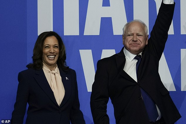 Harris (left) reportedly wanted the ESPN reporter to drop the news that Minnesota Gov. Tim Walz (right) had been selected as his running mate.