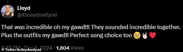 Another chimed in: 'That was amazing OMG!!! They sounded amazing together. Besides the outfits, OMG!! Perfect song choice too'