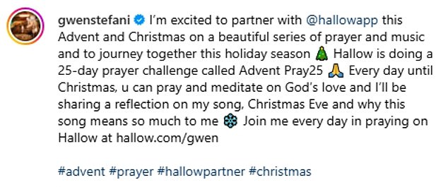 The No Doubt singer, 55, recently teamed up with the popular prayer and meditation app to encourage people to pray over the Christmas period.