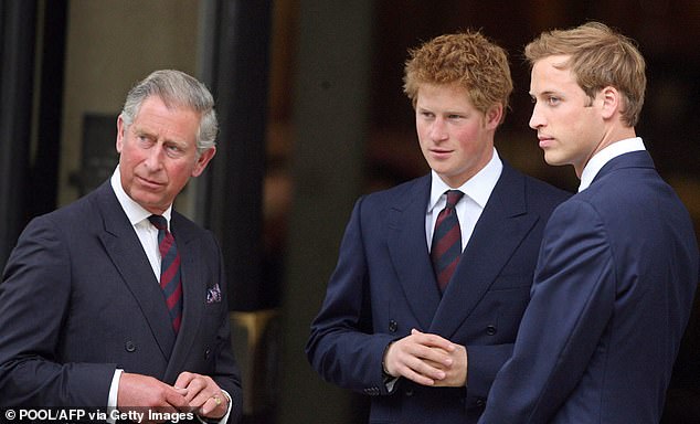 Charles, Harry and William arrive at a memorial marking the 10th anniversary of Diana's death at the Guards Chapel in London on August 31, 2007.