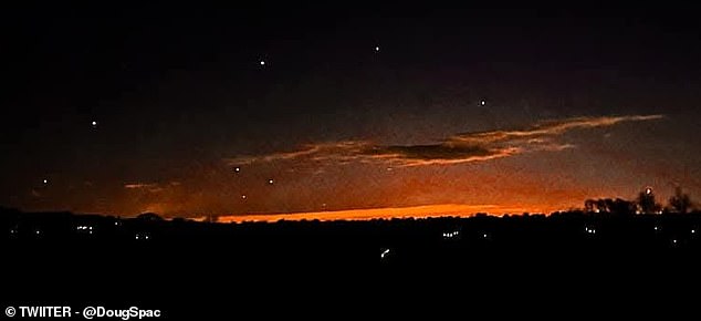 According to a NJ local, this image shows approximately nine of the unidentified drones flying from the Atlantic Ocean into the Garden State on Thursday evening, December 5.