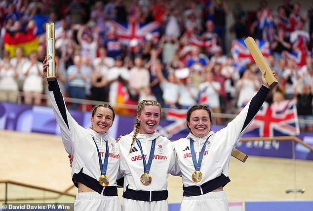 Marchant won Sprint gold at the Paris Olympics with Emma Finucane and Sophie Capewell (right)