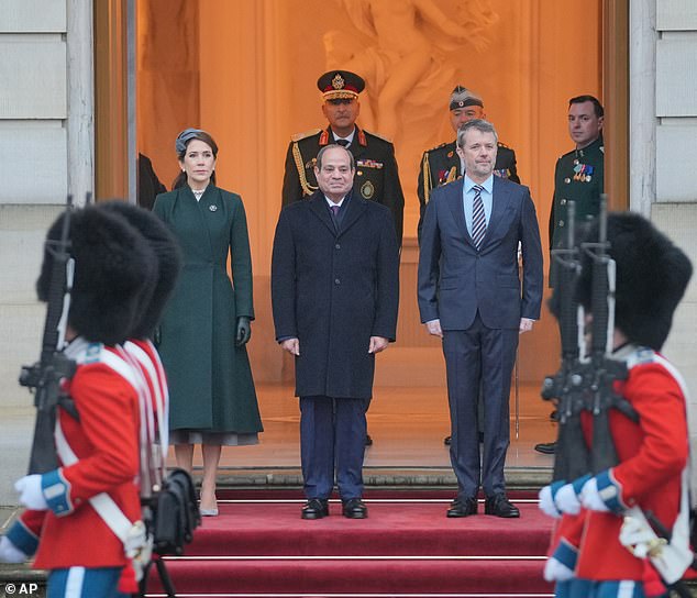 King Frederick and Queen Mary received Egypt's President Abdel Fattah el-Sissi, centre, at Amalienborg Palace in Copenhagen.