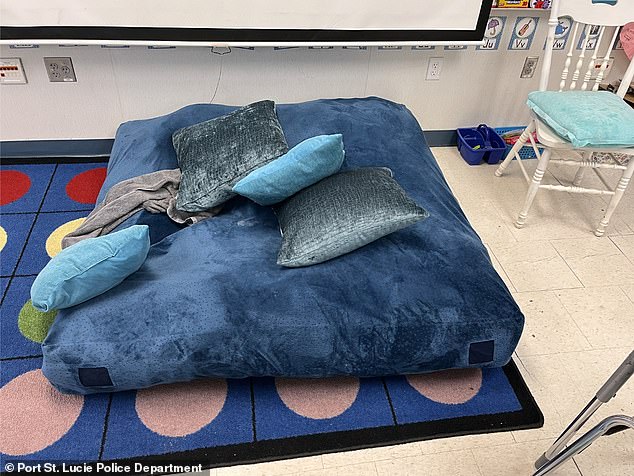 Uriah also erected a makeshift bed on the classroom mat.