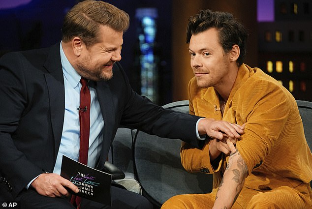 James Corden with pop star Harry Styles, whom he considers a friend, on The Late Late Show in 2023