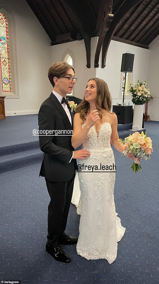 Freya Leach, 21, known for her critical views, walked down the aisle at a Sydney church this weekend with her new boyfriend, NSW Young Liberals secretary Cooper Gannon. Both in the photo