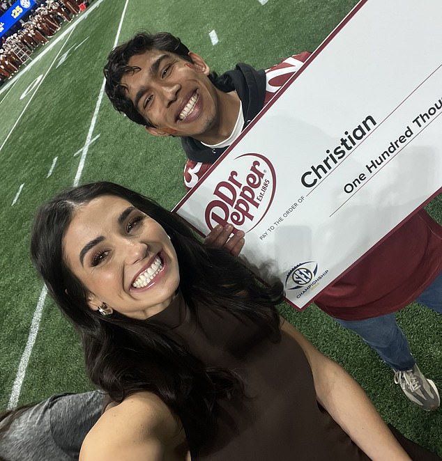 The stunning reporter wowed fans as he presented a halftime challenge sponsored by Dr Pepper