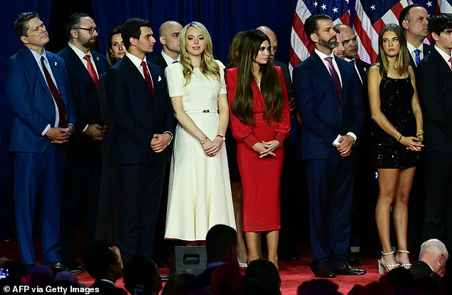 Tiffany Trump and her husband Michael Boulos, Kimberly Guilfoyle, her partner Donald Trump Jr. and his daughter Kai Madison Trump listen to Donald Trump speak during an election night at the West Palm Beach Convention Center in West Palm Beach, Florida in early November 6, 2024