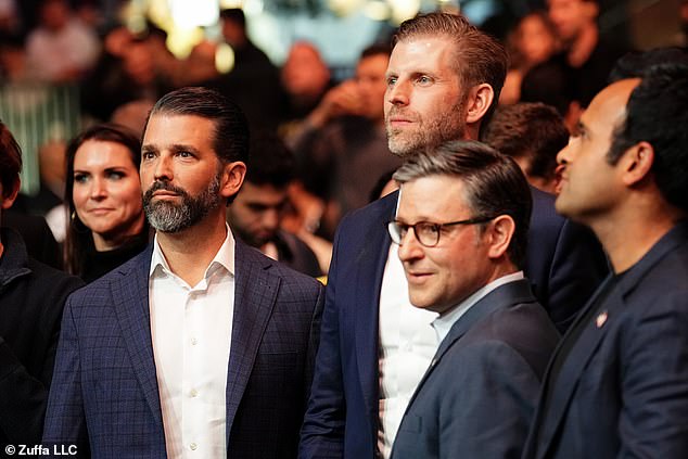 Donald Trump Jr., Eric Trump, Mike Johnson and Vivek Ramaswamy look on during the UFC 309 event at Madison Square Garden on November 16, 2024 in New York City