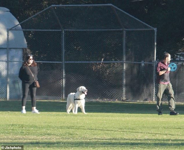 They were seen throwing a frisbee and laughing as the cute dog refused to chase it and instead rolled across the field