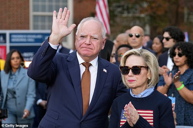 Governor Tim Walz's running mate with his wife Gwen at Harris' concession speech in Washington, DC after she lost the 2024 presidential election to Trump.