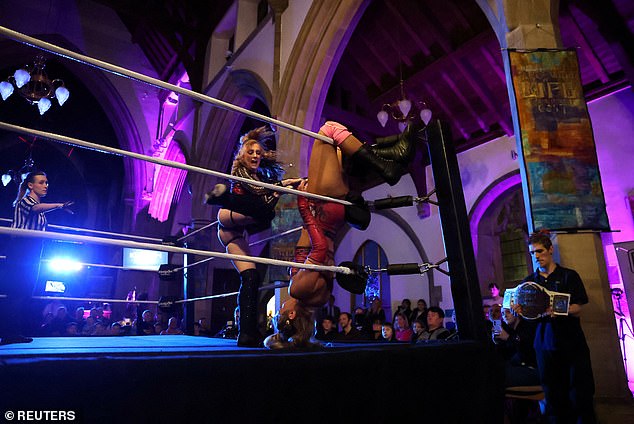 The events feature male and female wrestlers competing against each other in the church.