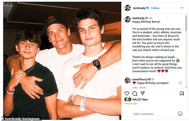 Ben's father, Tom Brady, 47, also offered a sweet tribute to his son on Sunday. The photo carousel began with a photo of the seven-time Super Bowl champion with Ben and his oldest son, Jack, 17, whom he shares with ex-girlfriend Bridget Moynahan.