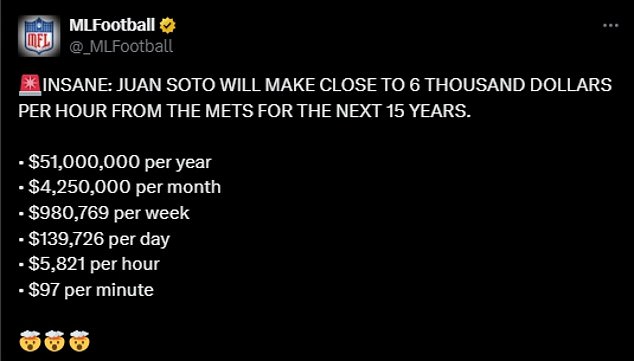 A bevy of amateur accountants did the calculations on social media after reports of the deal first surfaced, although the exact figures varied because Soto's deal includes unspecified bonuses.