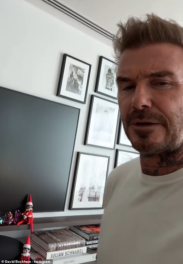 The former footballer, 49, shared a joyful clip of himself finding an Elf scene in his office early on Monday morning.