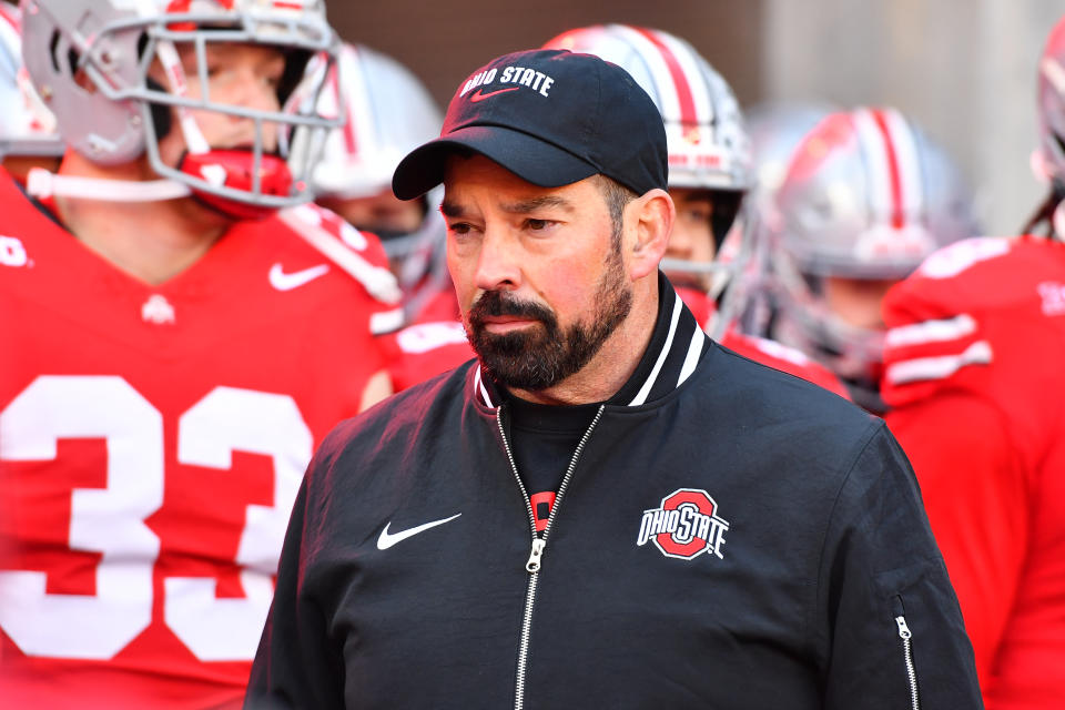 COLUMBUS, OHIO - NOVEMBER 30: Head coach Ryan Day of the Ohio State Buckeyes lines up to take the field before a game against the Michigan Wolverines at Ohio Stadium on November 30, 2024 in Columbus, Ohio. (Photo by Ben Jackson/Getty Images)