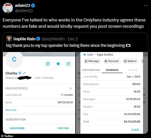 Sophie came under fire from podcaster and male porn star Adam22, who accused her of Photoshopping her earnings to get media attention.
