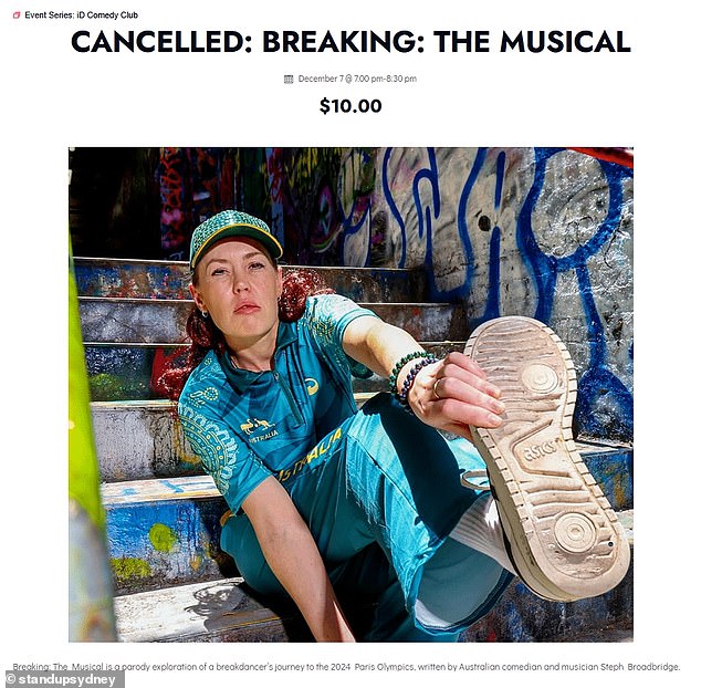 'Breaking: The Musical', a parody based on the rise of Olympian B-girl Raygun, was canceled at the last minute after lawyers for the real Raygun threatened legal action on Saturday.