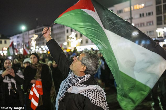 A man waves a Palestinian flag in solidarity with Palestine